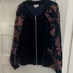 Umgee Navy Velvet Bomber Jacket with Pink Floral Accents